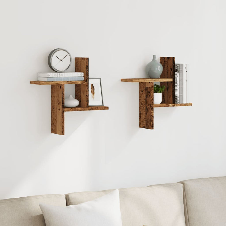 Wandschappen 2 st 38x12x38 cm bewerkt hout oud houtkleurig