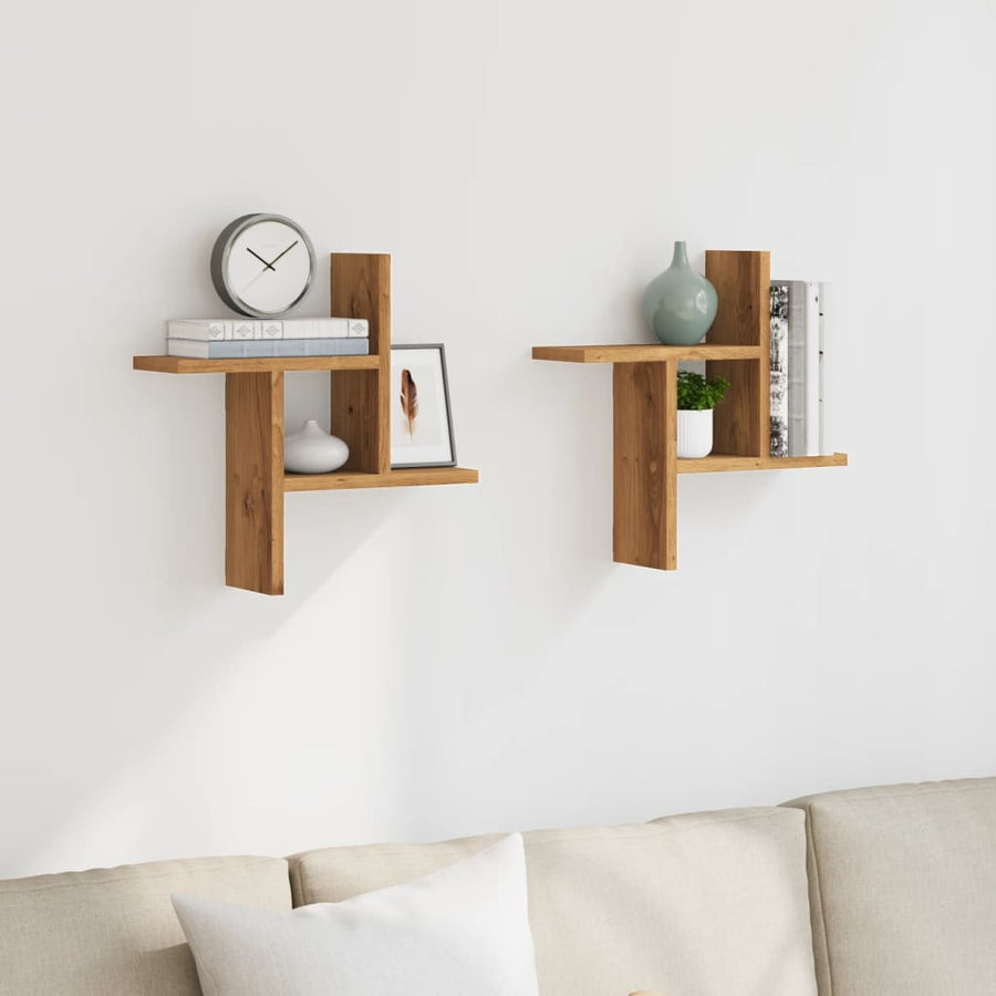 Wandschappen 2 st 38x12x38 cm bewerkt hout artisanaal eiken