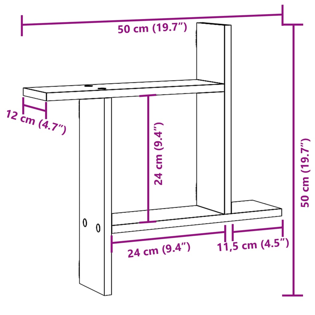 Wandschappen 2 st 50x12x50 cm bewerkt hout betongrijs