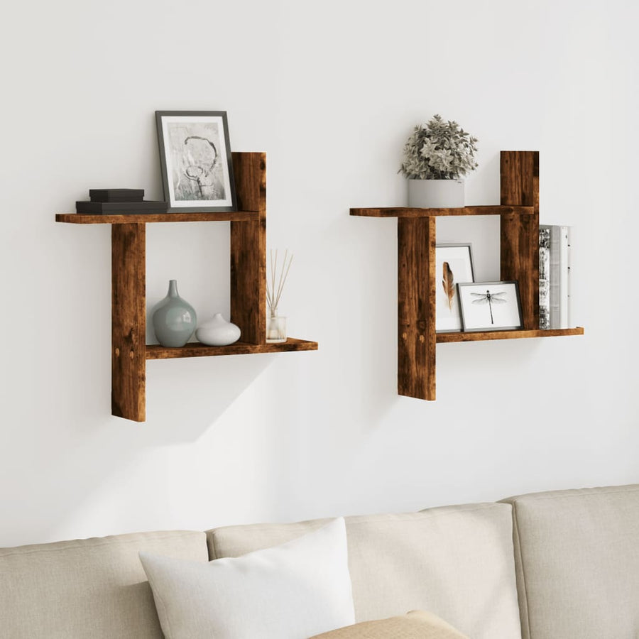 Wandschappen 2 st 50x12x50 cm bewerkt hout gerookt eikenkleurig