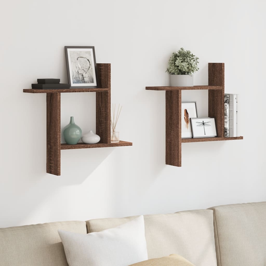 Wandschappen 2 st 50x12x50 cm bewerkt hout bruin eikenkleurig