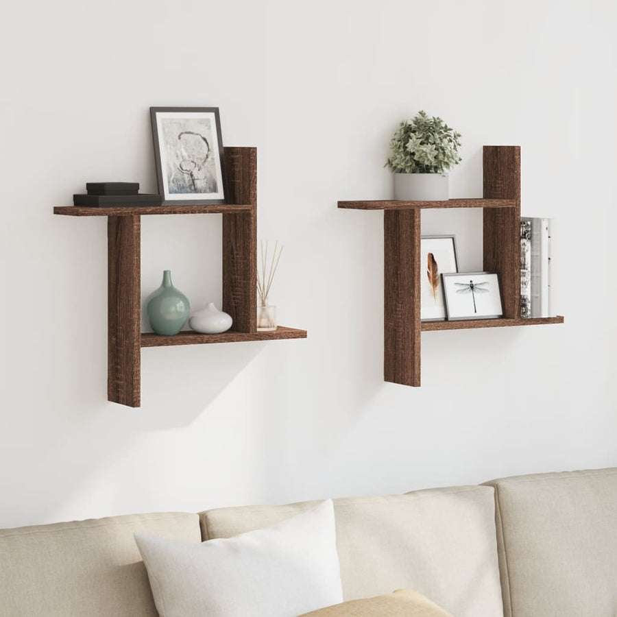 Wandschappen 2 st 50x12x50 cm bewerkt hout bruin eikenkleurig
