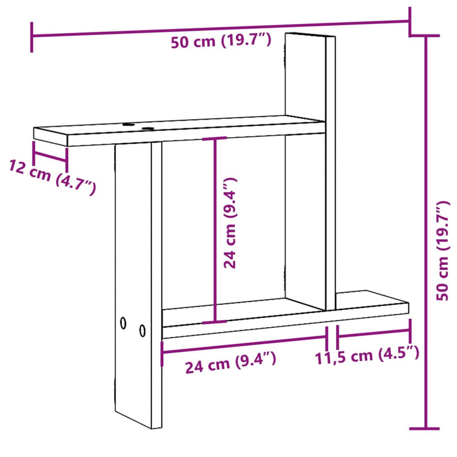 Wandschappen 2 st 50x12x50 cm bewerkt hout bruin eikenkleurig