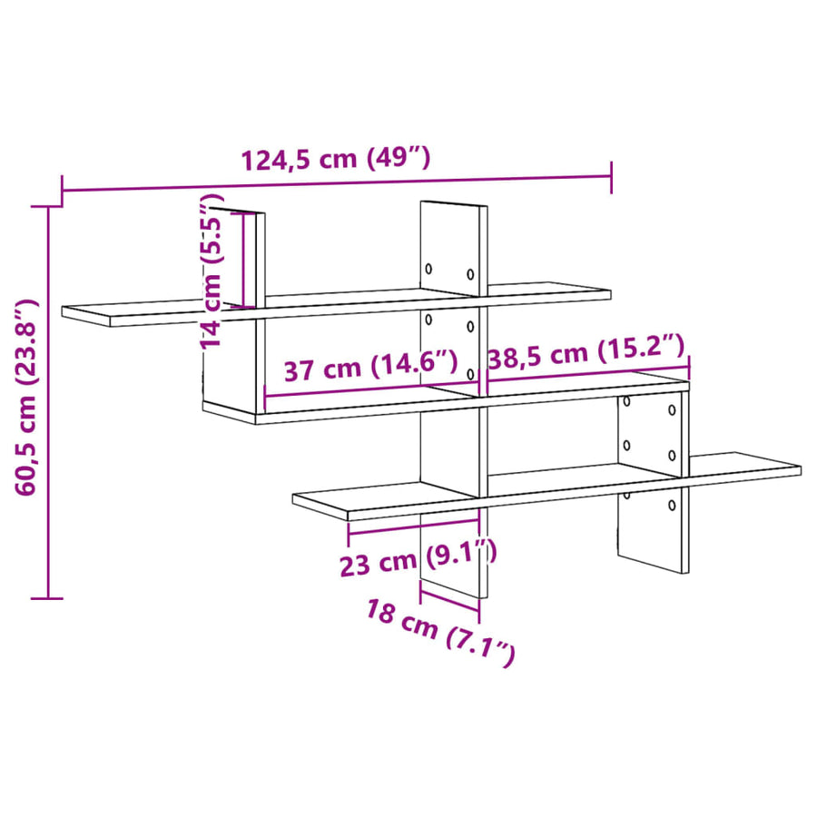 Wandschap 124,5x18x60,5 cm bewerkt hout artisanaal eikenkleurig