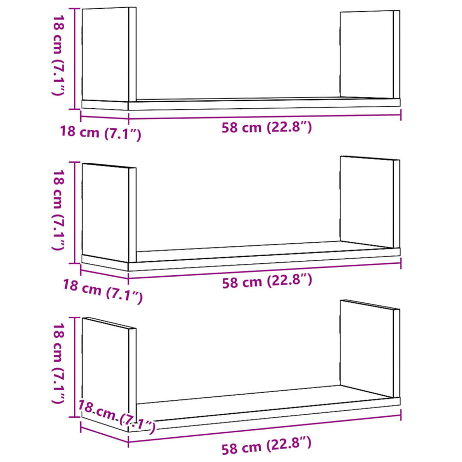 Wandschappen 3 st 58x18x18 cm bewerkt hout wit