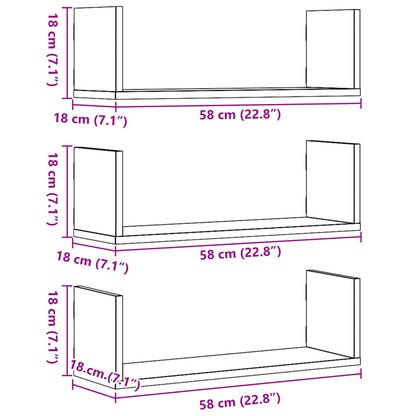 Wandschappen 3 st 58x18x18 cm bewerkt hout betongrijs