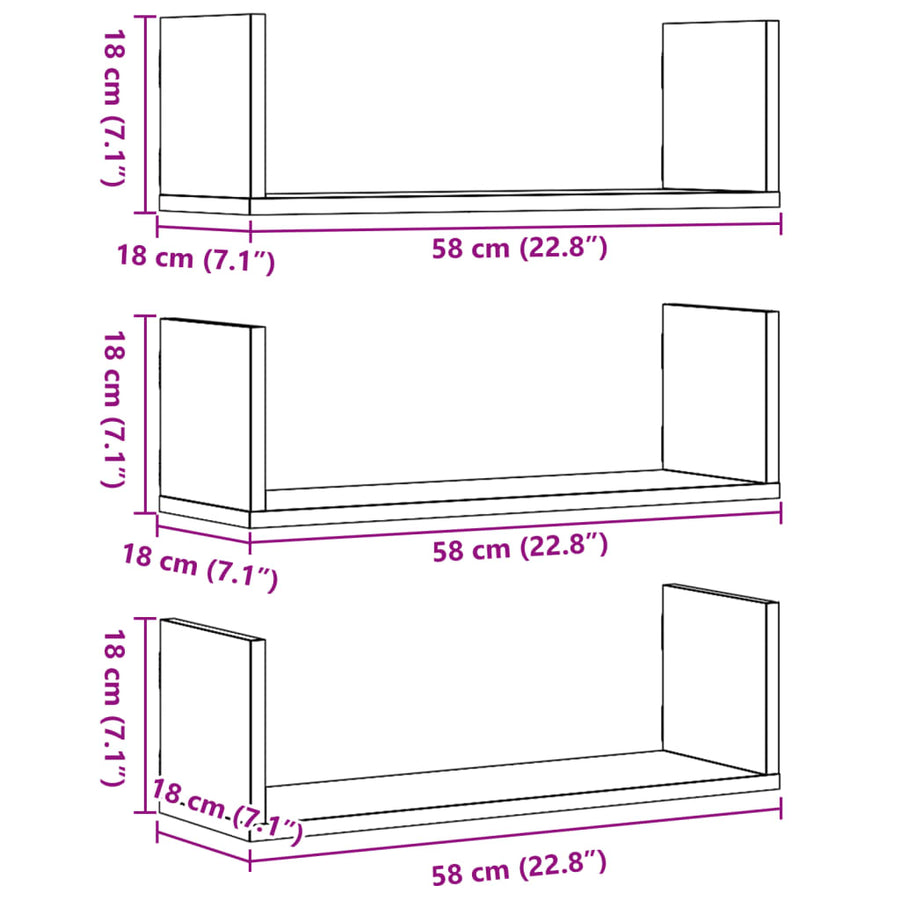 Wandschappen 3 st 58x18x18 cm bewerkt hout gerookt eikenkleurig