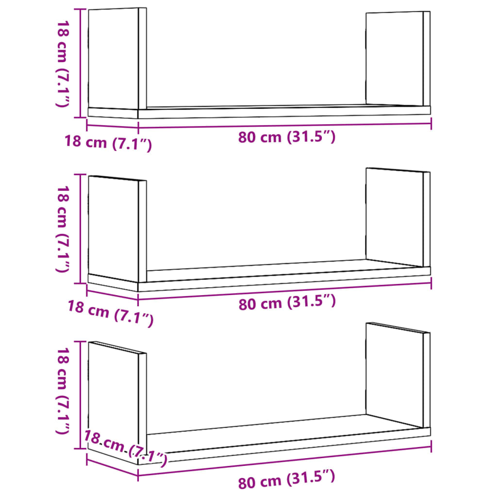 Wandschappen 3 st 80x18x18 cm bewerkt hout wit