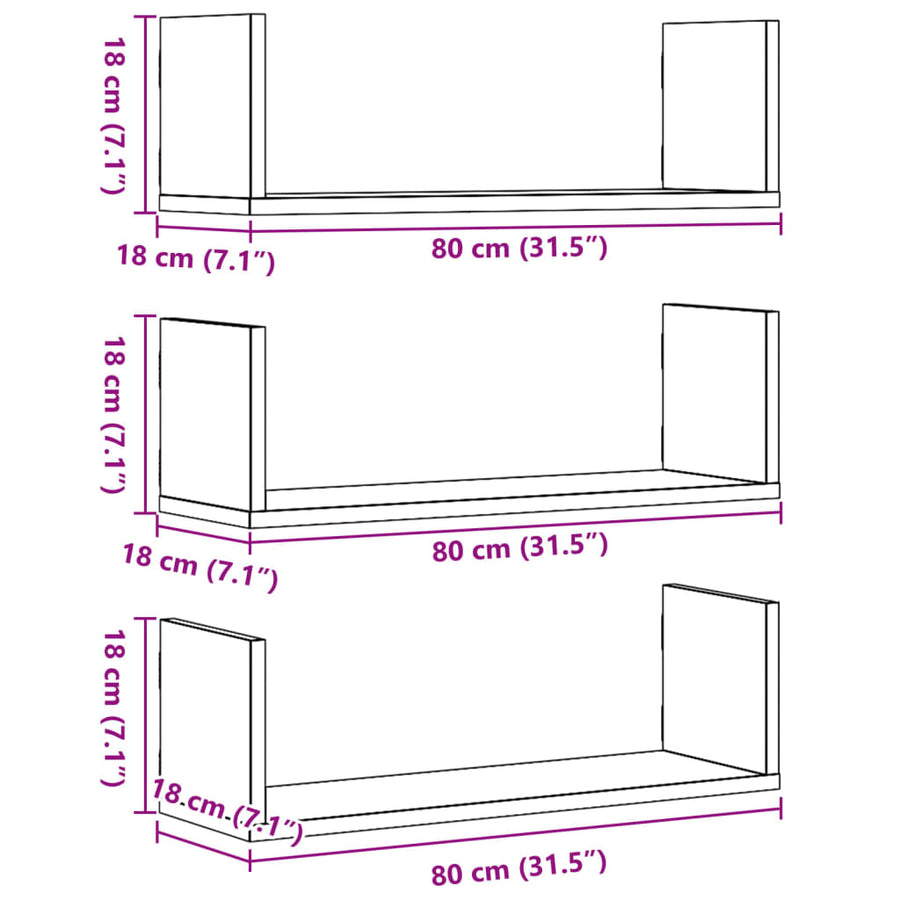Wandschappen 3 st 80x18x18 cm bewerkt hout wit
