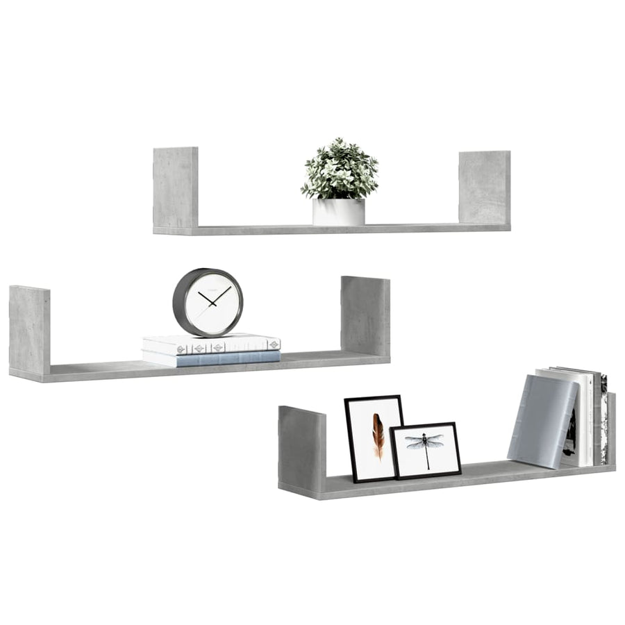 Wandschappen 3 st 80x18x18 cm bewerkt hout betongrijs