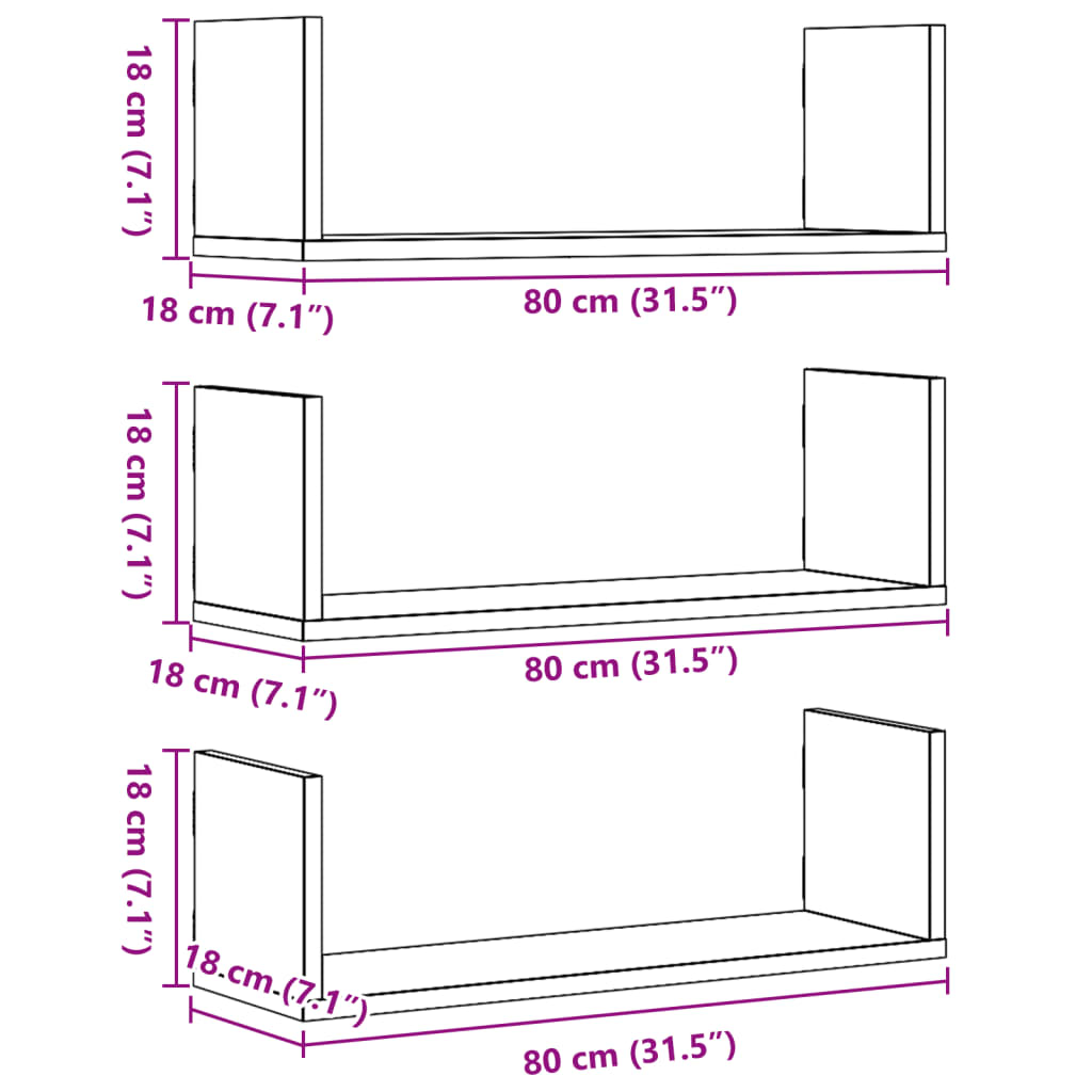 Wandschappen 3 st 80x18x18 cm bewerkt hout betongrijs