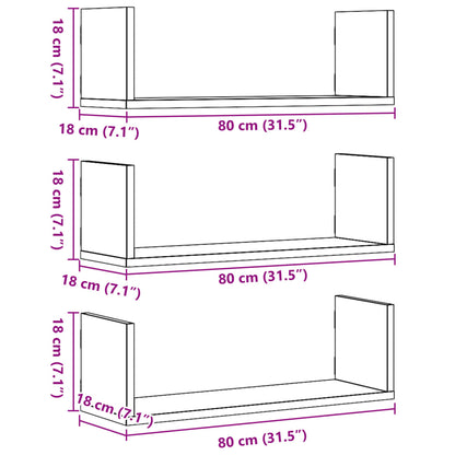 Wandschappen 3 st 80x18x18 cm bewerkt hout betongrijs