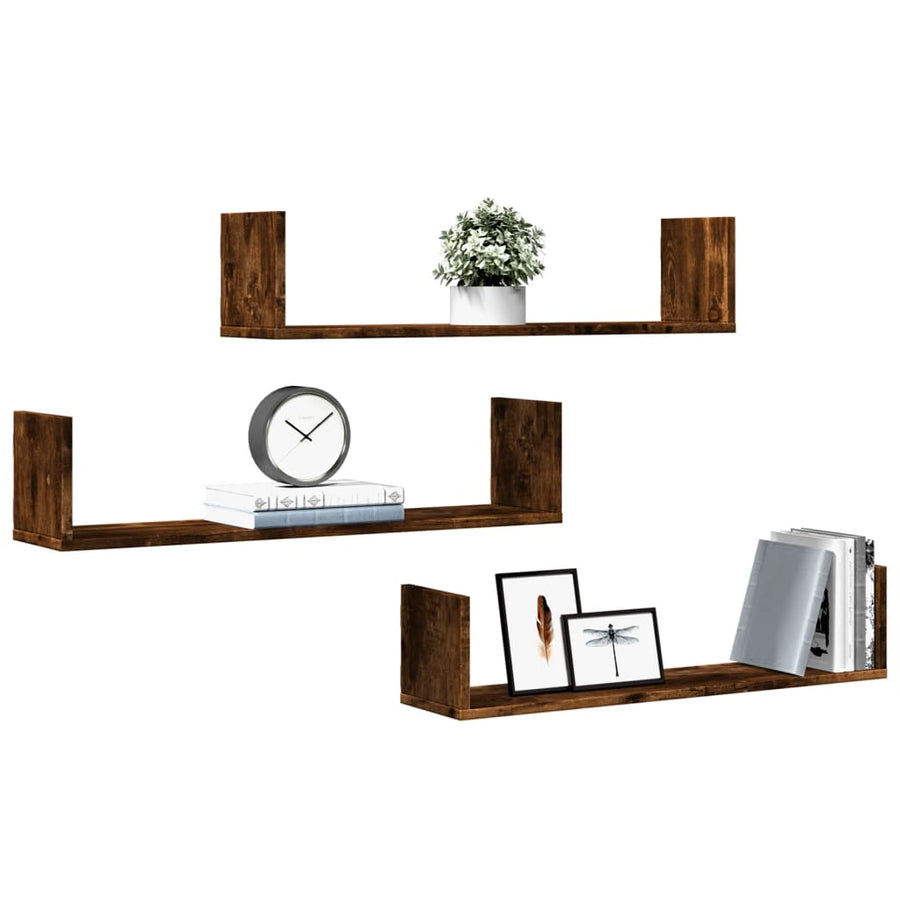 Wandschappen 3 st 80x18x18 cm bewerkt hout gerookt eikenkleurig