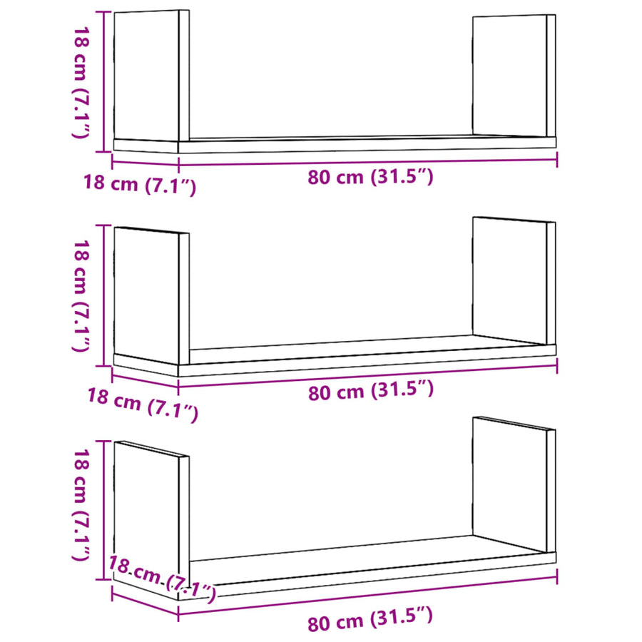 Wandschappen 3 st 80x18x18 cm bewerkt hout gerookt eikenkleurig