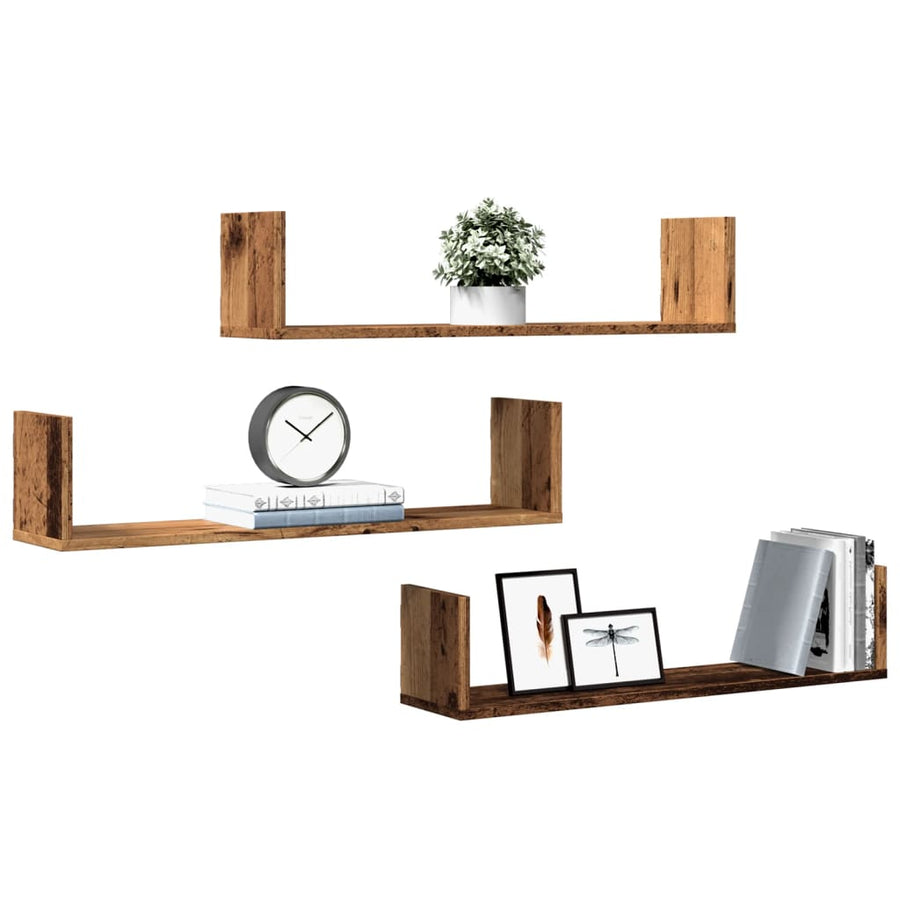 Wandschappen 3 st 80x18x18 cm bewerkt hout oud houtkleurig