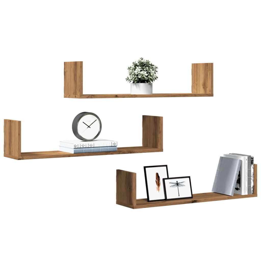 Wandschappen 3 st 80x18x18 cm bewerkt hout artisanaal eiken