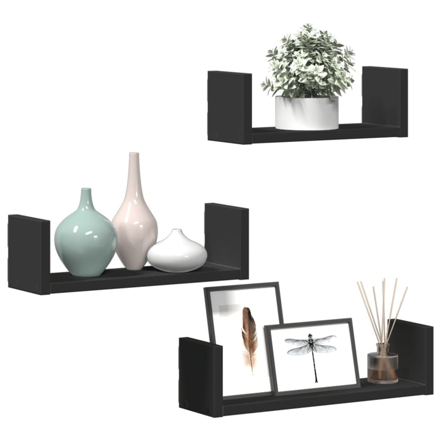 Wandschappen 3 st bewerkt hout zwart