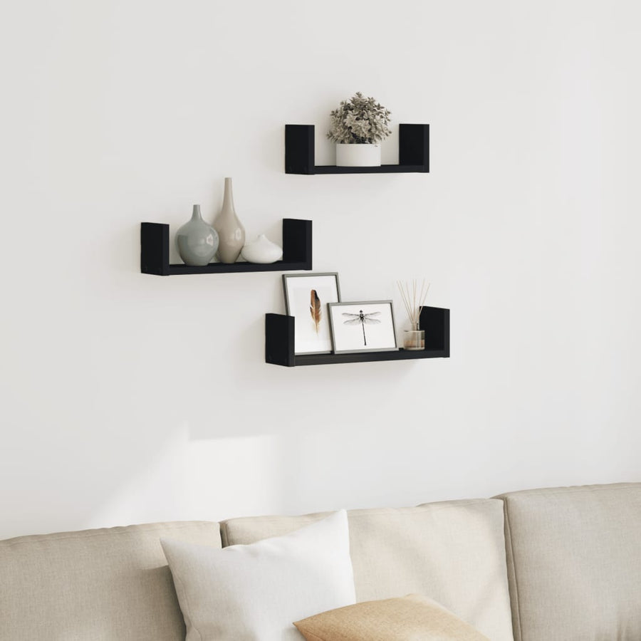 Wandschappen 3 st bewerkt hout zwart