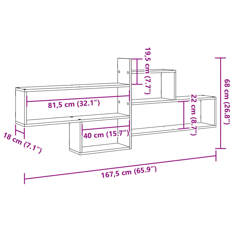 Wandschap 167,5x18x68 cm bewerkt hout artisanaal eikenkleurig