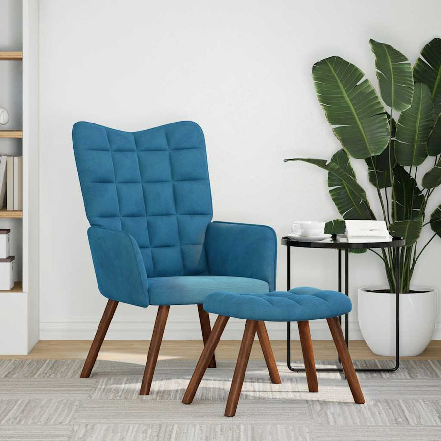 Relaxstoel met voetenbank fluweel blauw