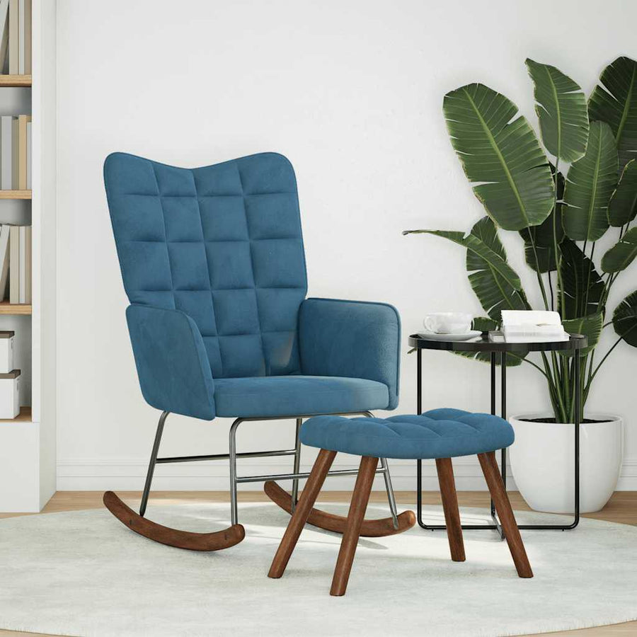 Schommelstoel met krukje fluweel blauw