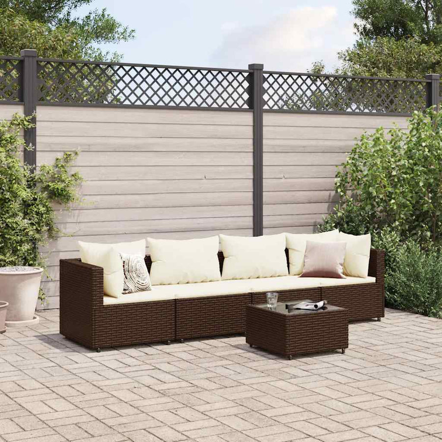 5-Delige Loungeset Met Kussens Poly Rattan Bruin en wit