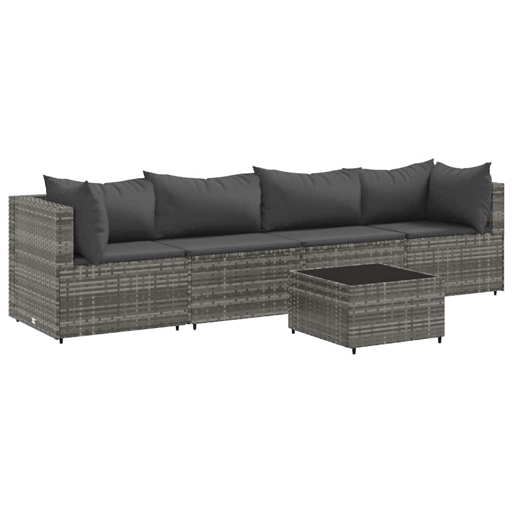 5-delige Loungeset met kussens poly rattan grijs