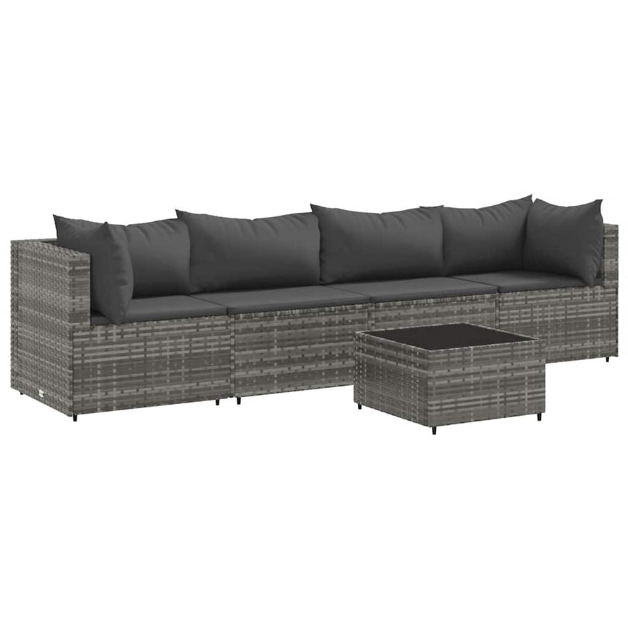 5-delige Loungeset met kussens poly rattan grijs