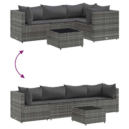 5-delige Loungeset met kussens poly rattan grijs