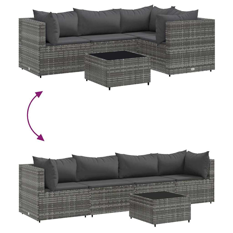 5-delige Loungeset met kussens poly rattan grijs