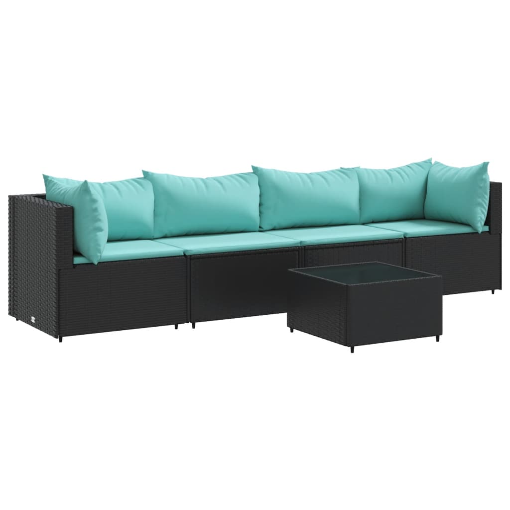5-delige Loungeset met kussens poly rattan zwart