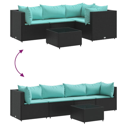 5-delige Loungeset met kussens poly rattan zwart