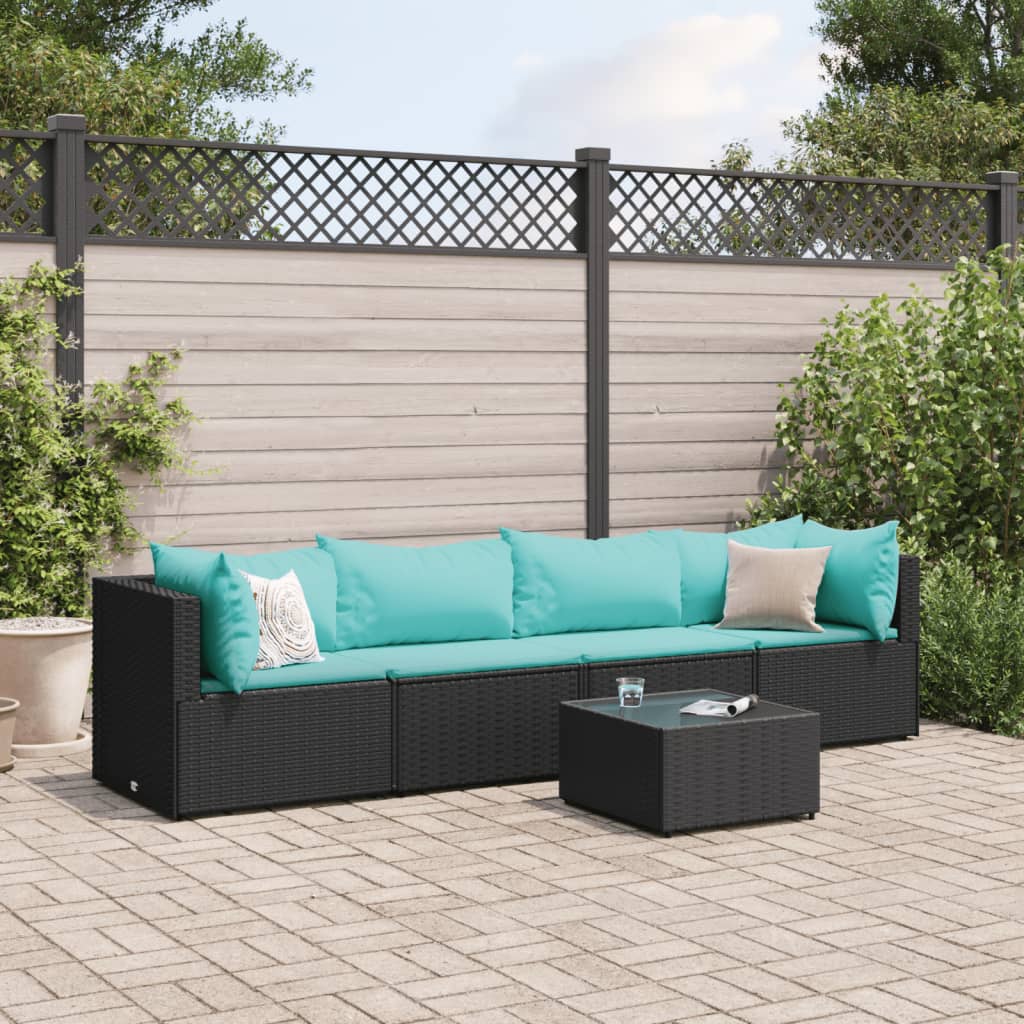 5-delige Loungeset met kussens poly rattan zwart