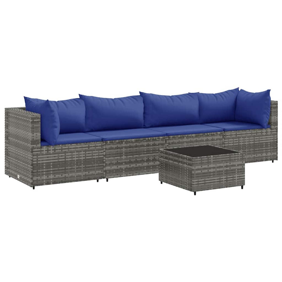 5-delige Loungeset met kussens poly rattan grijs