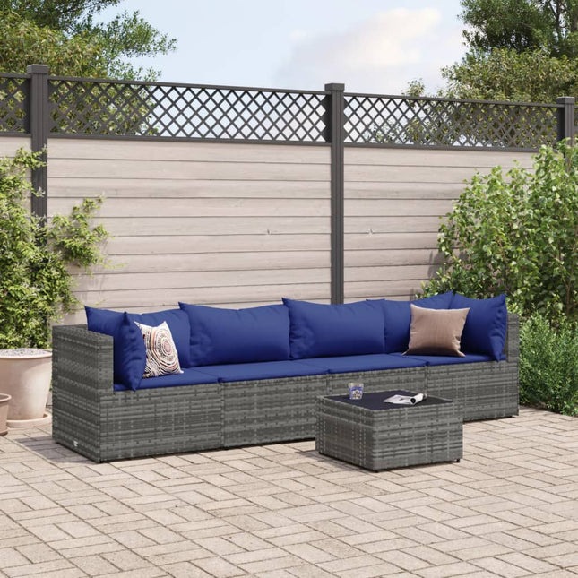 5-delige Loungeset met kussens poly rattan grijs