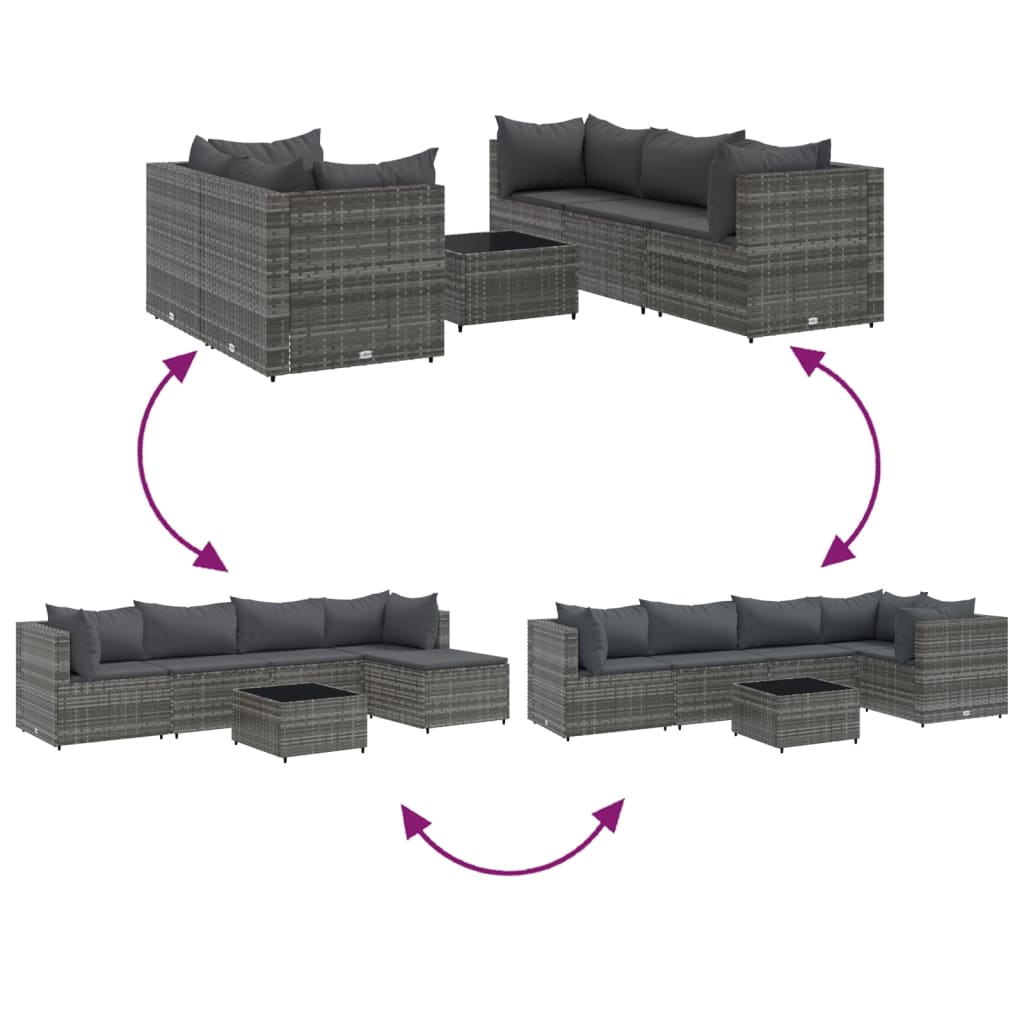 6-delige Loungeset met kussens poly rattan grijs