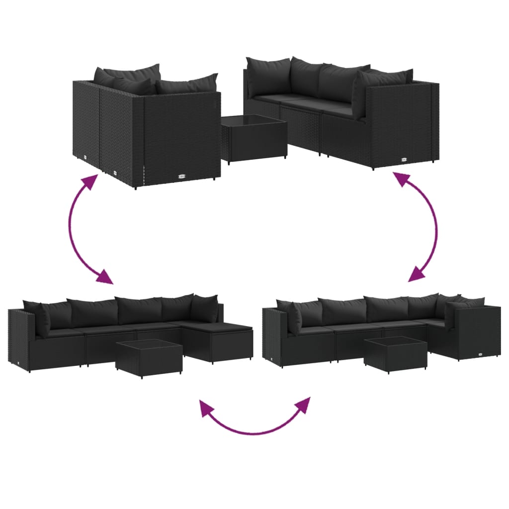 6-delige Loungeset met kussens poly rattan zwart