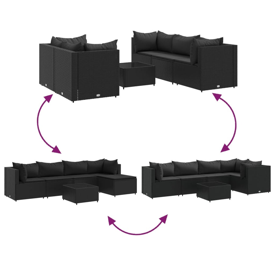 6-delige Loungeset met kussens poly rattan zwart