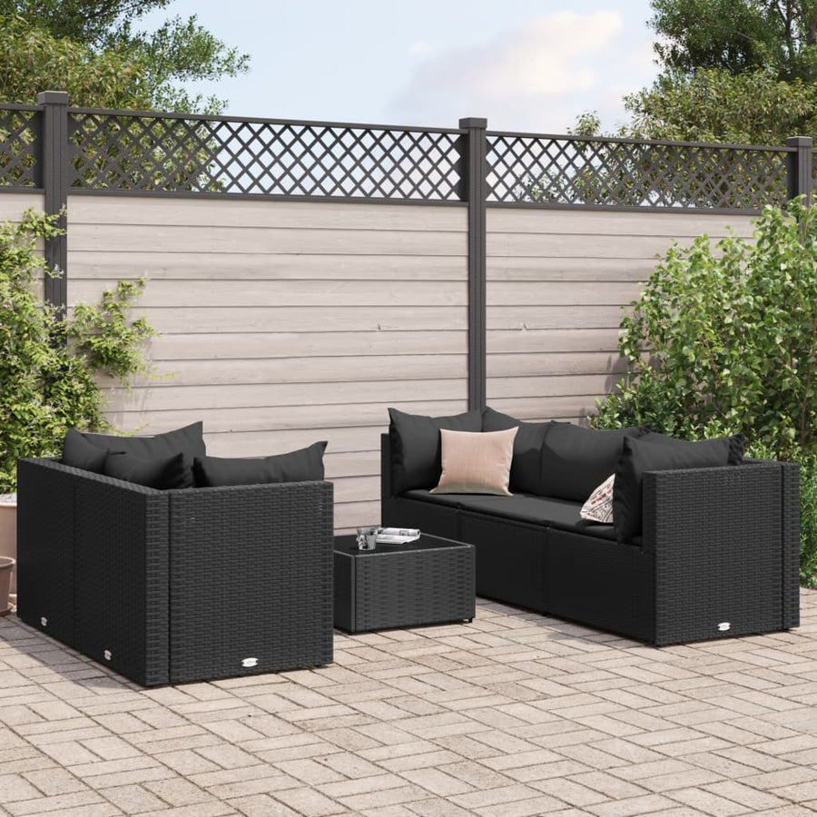 6-delige Loungeset met kussens poly rattan zwart