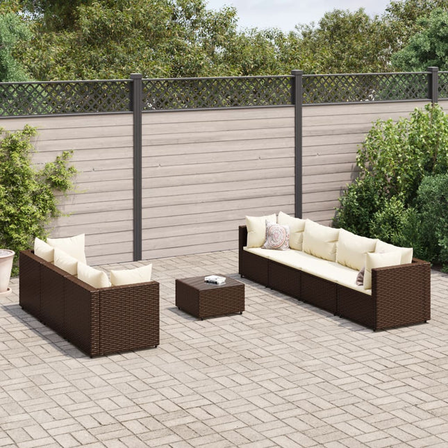 8-delige Loungeset met kussens poly rattan bruin