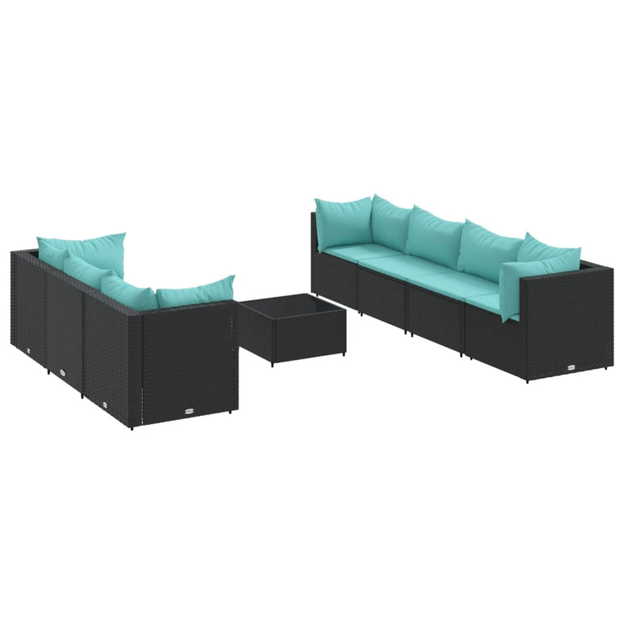 8-delige Loungeset met kussens poly rattan zwart