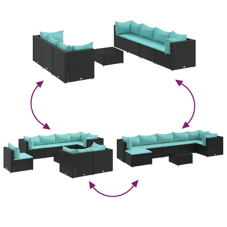 8-delige Loungeset met kussens poly rattan zwart
