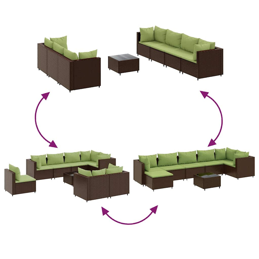 8-delige Loungeset met kussens poly rattan bruin