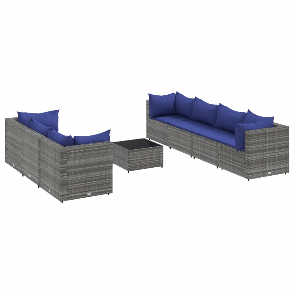 8-delige Loungeset met kussens poly rattan grijs
