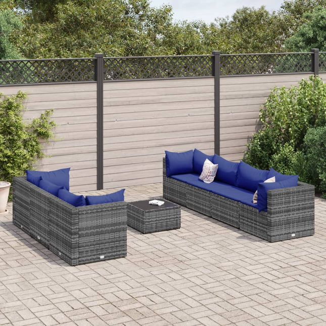 8-delige Loungeset met kussens poly rattan grijs