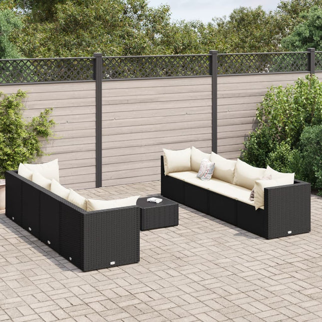 9-delige Loungeset met kussens poly rattan zwart