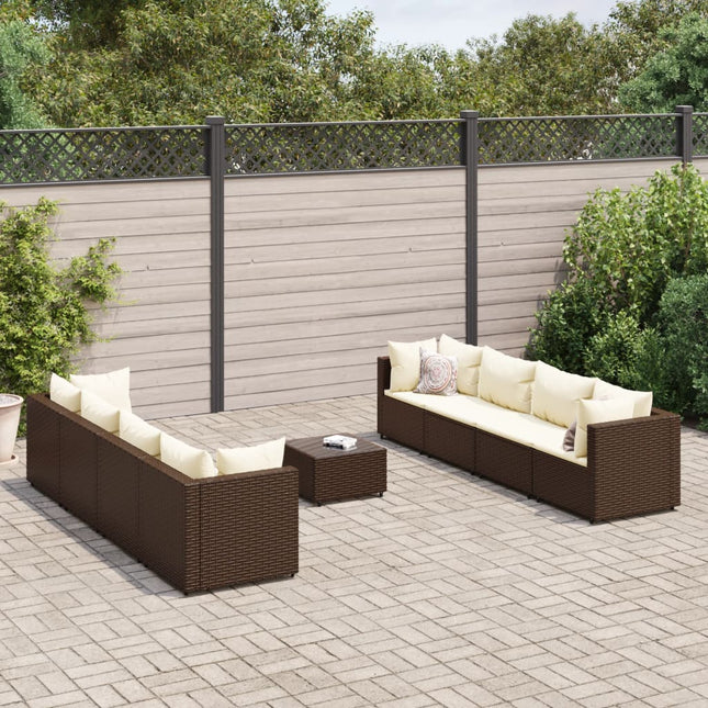 9-delige Loungeset met kussens poly rattan bruin