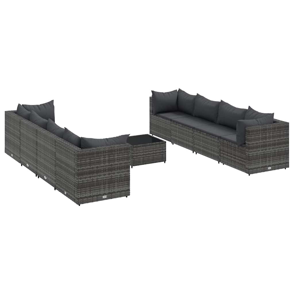 9-delige Loungeset met kussens poly rattan grijs