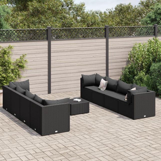 9-delige Loungeset met kussens poly rattan zwart