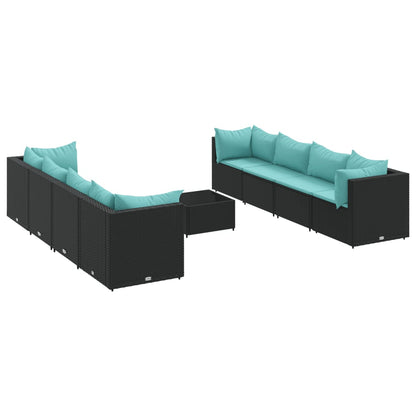 Loungeset Met Kussens Poly Rattan 9 Zwart en blauw